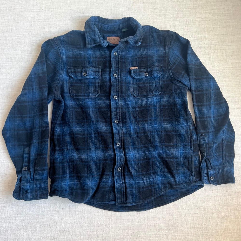 Orvis Flannel Shirt Mens Large Blue Black Plaid Excellent Long Sleeve Cotton